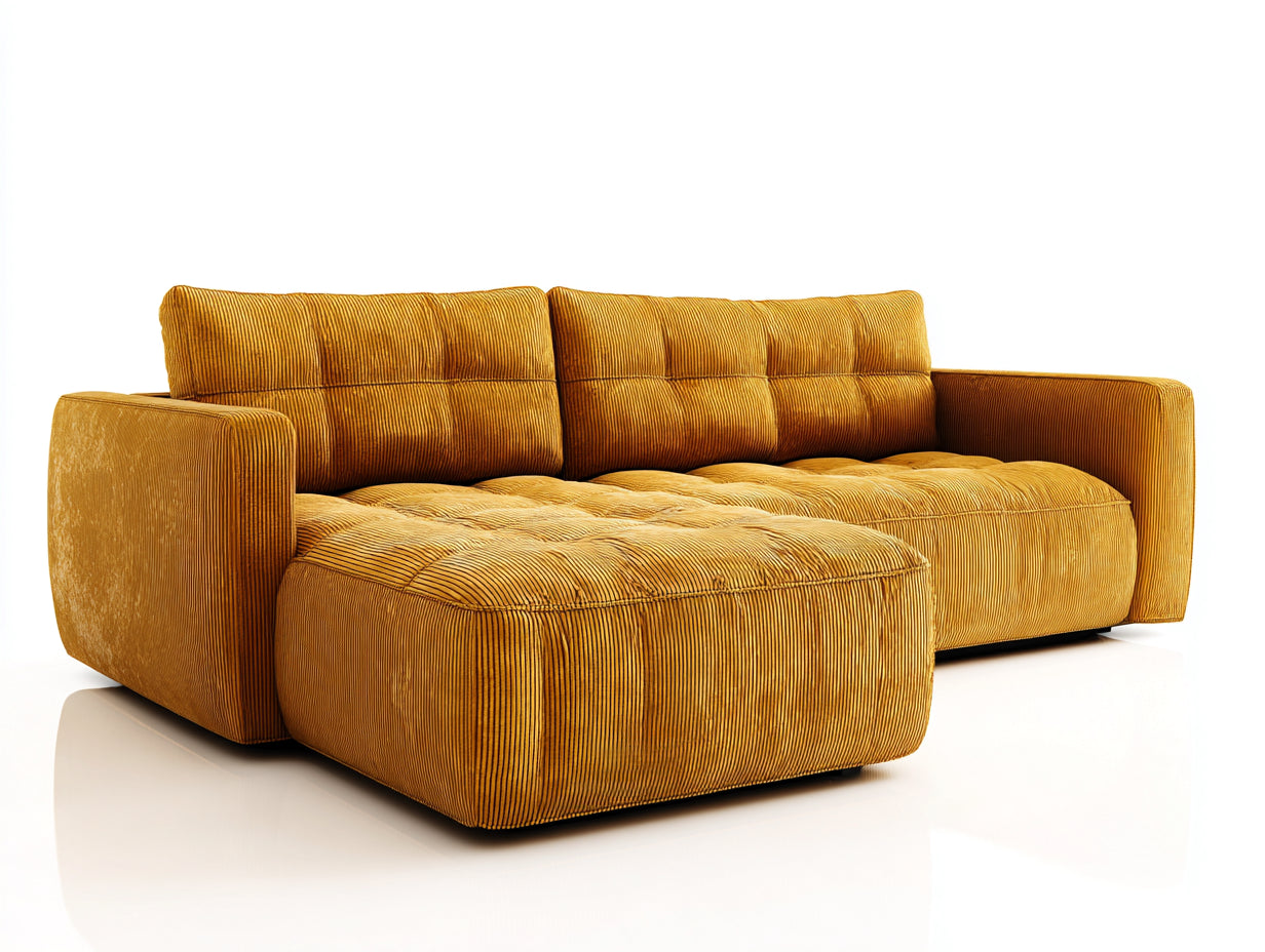 Divano angolare - Velluto a coste - 256x164x82 cm - Giallo senape - Moderno