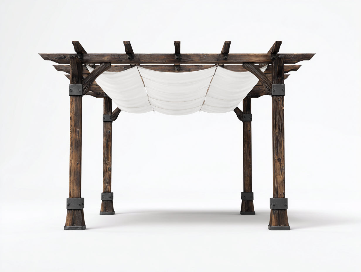 Pergola da giardino-Legno-Tessuto-380x260x255 cm-Marrone scuro-Bianco-Stile rustico