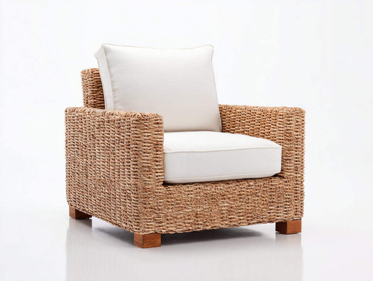 Poltrona da giardino-Rattan-Tessuto-99x87x76 cm-Marrone naturale-Bianco caldo-Stile naturale raffinato