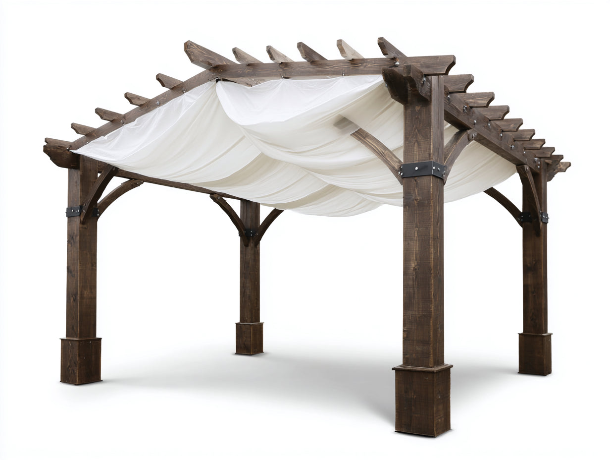Pergola da giardino-Legno-Tessuto-410x330x270 cm-Marrone scuro-Bianco-Stile rustico elegante