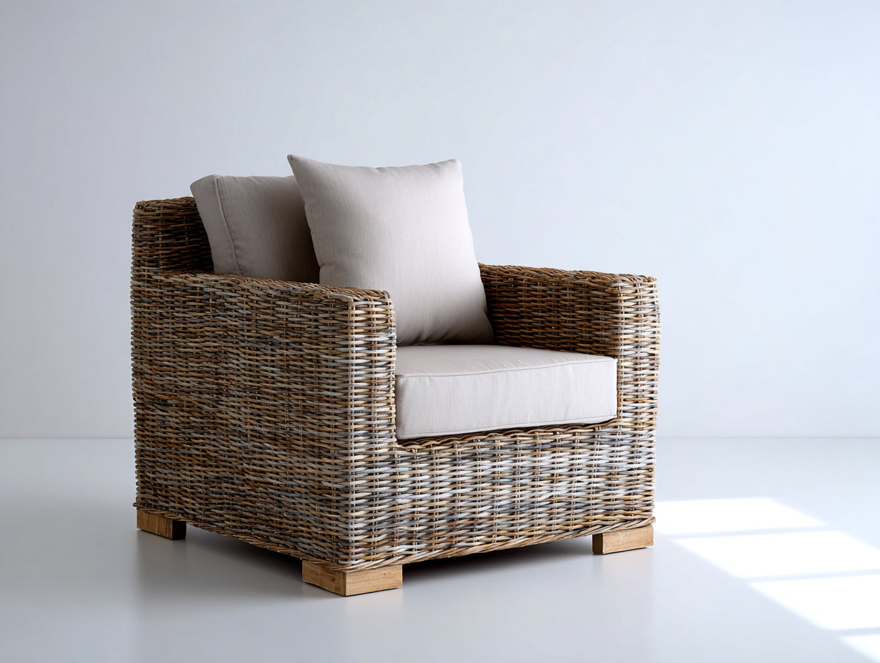 Poltrona da giardino-Rattan-Tessuto-104x91x79 cm-Marrone naturale-Beige chiaro-Stile naturale elegante