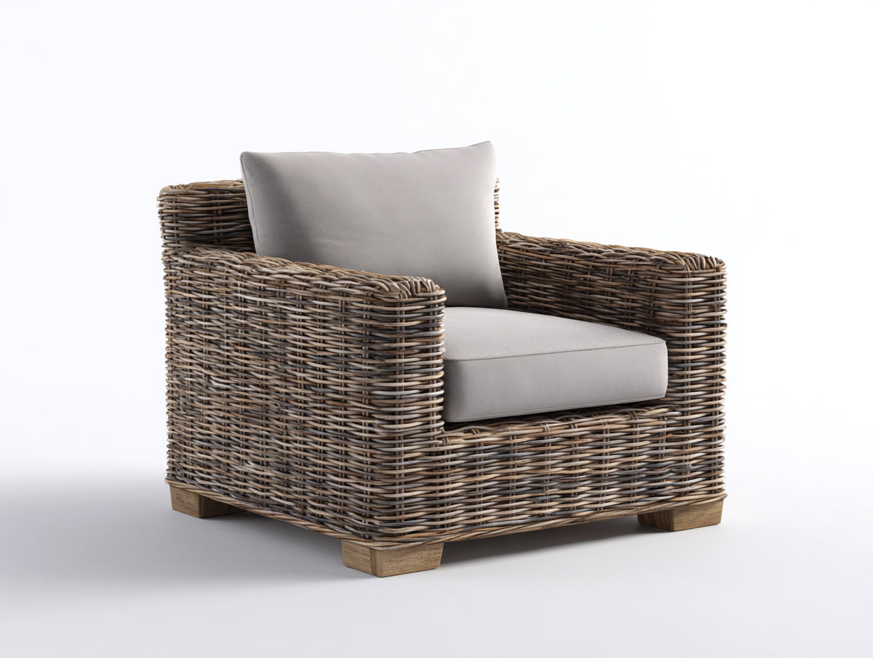 Poltrona da giardino-Rattan-Tessuto-102x92x78 cm-Marrone naturale-Grigio-Stile rustico moderno