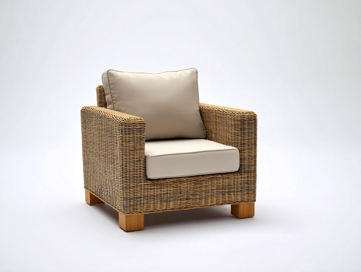 Poltrona da giardino-Rattan-Tessuto-96x86x75 cm-Marrone naturale-Beige tortora-Stile naturale compatto