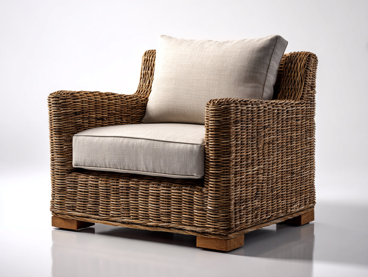 Poltrona da giardino-Rattan-Tessuto-102x92x78 cm-Marrone chiaro-Beige-Stile naturale rustico
