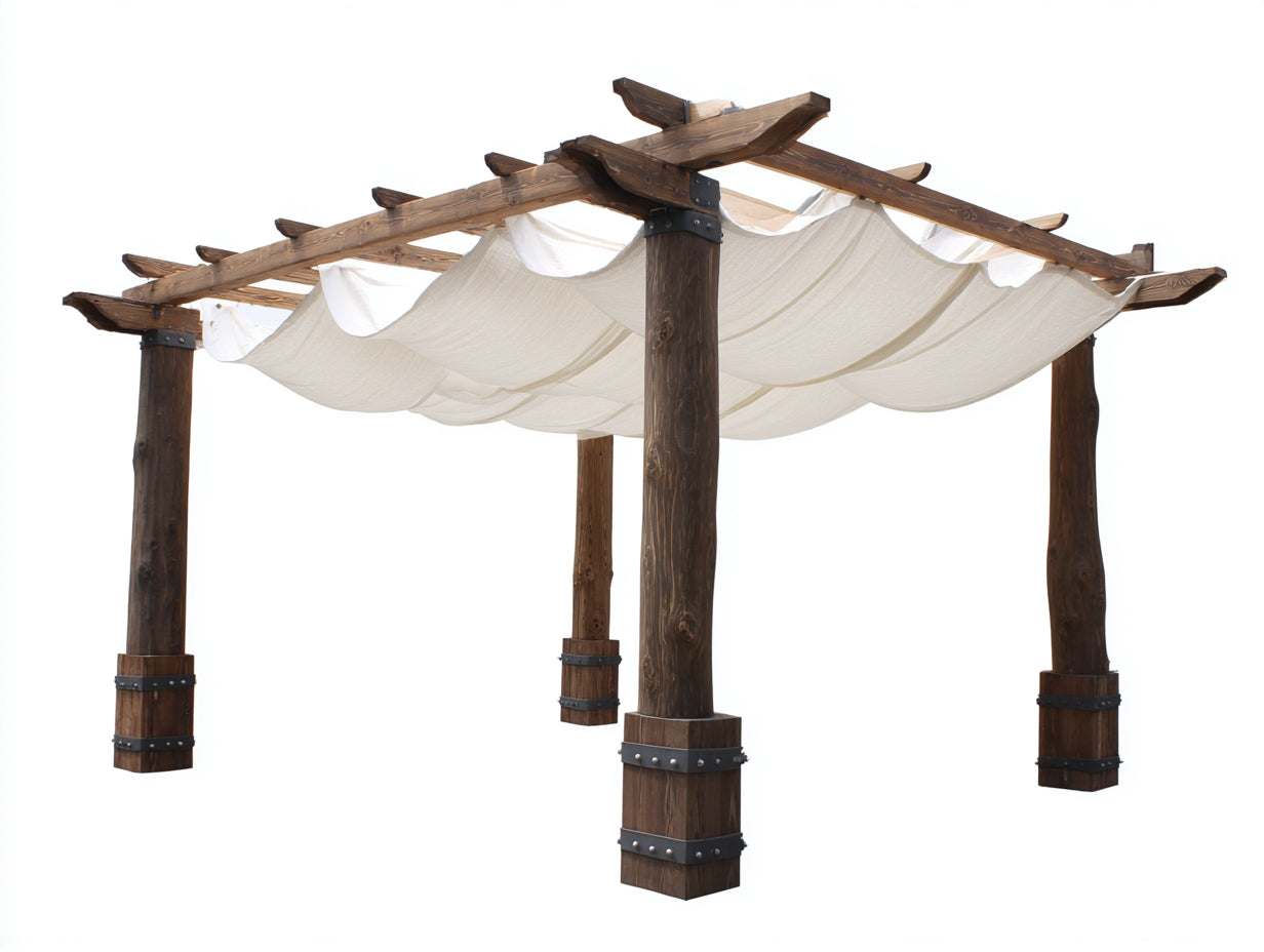 Pergola da giardino-Legno-Tessuto-400x340x265 cm-Marrone scuro-Bianco-Stile rustico