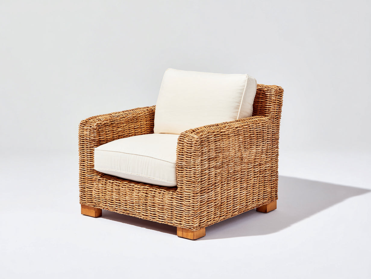 Poltrona da giardino-Rattan-Tessuto-98x88x76 cm-Marrone miele-Crema-Stile naturale moderno