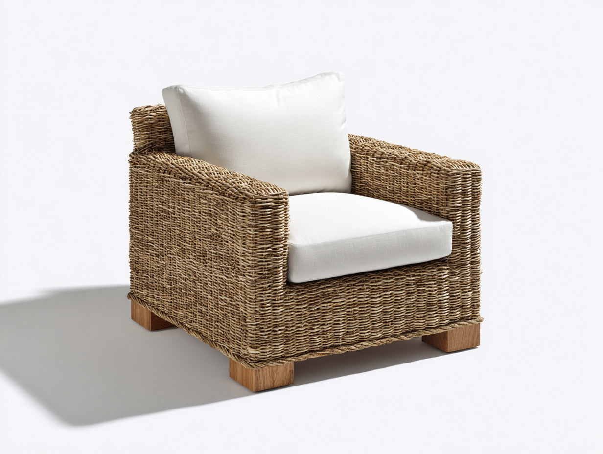 Poltrona da giardino-Rattan-Tessuto-97x86x74 cm-Marrone naturale-Bianco-Stile naturale essenziale