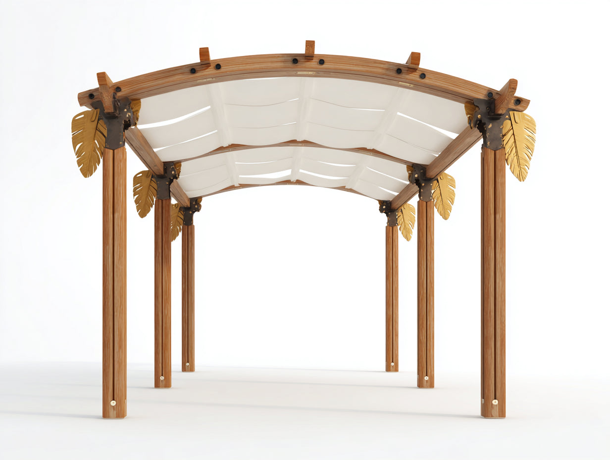 Pergola da giardino-Legno-Tessuto-360x320x260 cm-Marrone chiaro-Bianco-Stile tropicale moderno